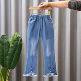 SHOPMOCHO New Fashion Teenage Girls Jeans Pants Bead Lace Denim Girl Trousers Children's Stretch Waist Solid Pants Casual Bell-bottoms