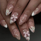 SHOPMOCHO 24Pcs Pink Almond False Nails Butterfly Ballet with French Design Wearable Fake Nails Simple Artificial Press on Nails Tips Art