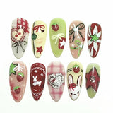 SHOPMOCHO 24pcs Flower Print Press on Nails Wine Red Blush Almond False Nail Tips Wearable Reusable Summer Spicy Girl Fake Nails