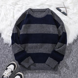 SHOPMOCHO New Loose Bottoming Sweater Casual Versatile Striped Pullover Men's Round Neck Sweater