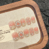 Shopmocho Handmade Press on Nails Sweet Bowknot Pearl Decor French Fake Nails for Women Girl Wearable Shiny Cat Eye Bride False Nail Tips