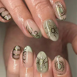 SHOPMOCHO 24Pcs Short Almond Fake Nails Butterfly Wings Nail Art with Glue Glitter Flower False Nails Acrylic Autumn Winter Press on Nail