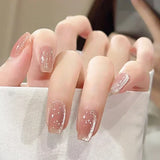 Shopmocho 24Pcs Glitter Diamond Press On Nails Sweet Cute Girl Acrylic Nails Full Cover Short Square Fake Nails Wearable Manicure Nail Tip